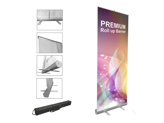 Premium pull-up banner 85cm x 200cm for trade shows and events, featuring sleek design and easy setup.